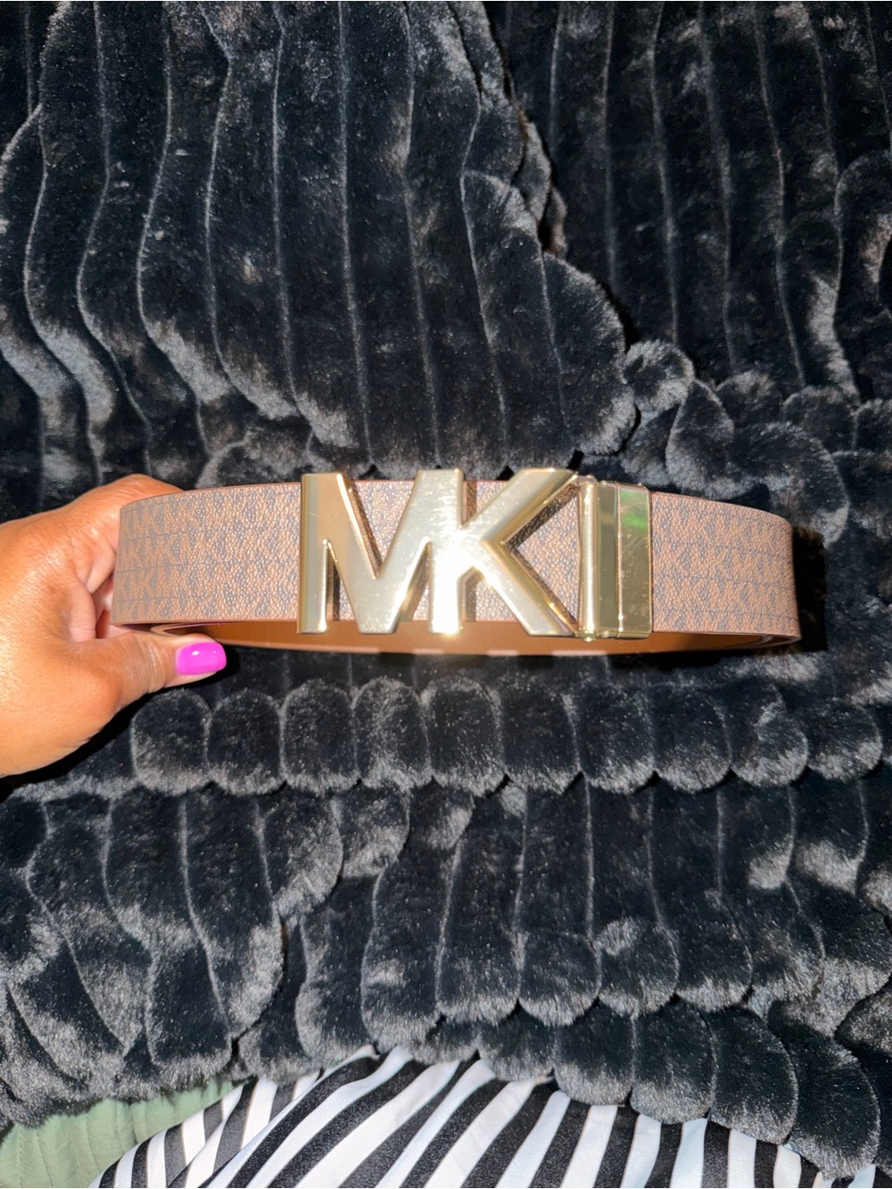 Michael Kors Brown Monogram Reversible Belt with Gold MK Buckle